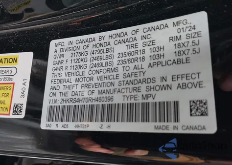 2024 Honda Cr-V Ex-L Awd from USA, damaged, VIN 2HKRS4H70RH460396